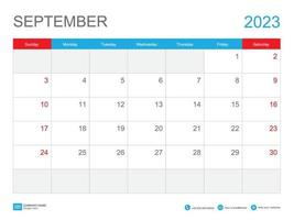 September 2023 template-Calendar 2023 design , Desk Calendar 2023 template, Planner simple, Week starts Sunday, Stationery, Wall calendar, printing, advertisement, vector illustration