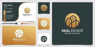logotipo de bienes raíces con vector premium de estilo de arte de línea abstracta dorada