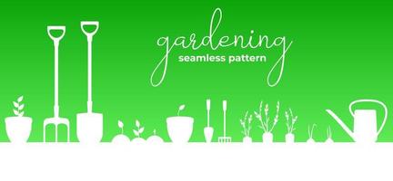 Gardening seamless horizontal banner. Garden equipment and plants, sprouts. White silhouettes on a green background. Flat vector illustration