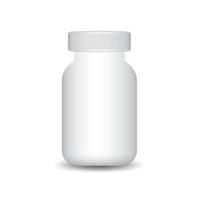 Ilustración de vector de botella de suplemento 3d. Caja de pastillas de plástico blanco 3d, contenedor médico blanco. plantilla de botella de atención médica. Vector 3d realista, maqueta de botella. diseño de producto. paquete cosmético.