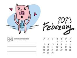 Calendar 2023 design template with Cute Pig vector illustration, February 2023 artwork, Lettering, Desk calendar 2023 layout, planner, wall calendar template, pig cartoon character, holiday event