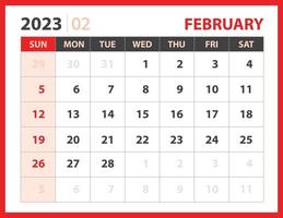 February 2023 template, Calendar 2023 design vector, planner layout, Week starts Sunday, Desk calendar 2023 template, Stationery. Wall calendar on red background, vector eps 10