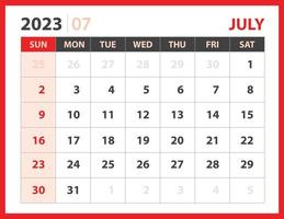 plantilla de julio de 2023, vector de diseño de calendario 2023, diseño de planificador, semana comienza el domingo, plantilla de calendario de escritorio 2023, papelería. calendario de pared sobre fondo rojo, vector eps 10