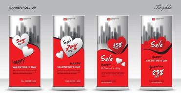 diseño de plantilla de soporte de banner enrollable para el día de San Valentín, plantilla de banner de promoción, x-banner, pull up, eventos festivos, exhibición, j-flag, publicidad, concepto creativo de fondo de corazón rojo, vector. vector