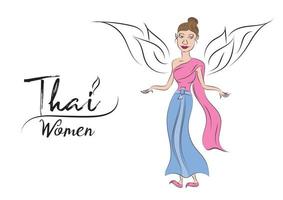 Thai women in thai traditional dress vector illustration, Traditional southeast asian costume, cartoon