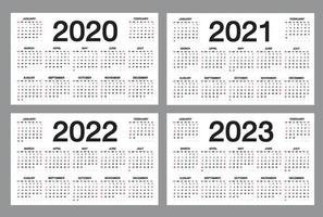 plantilla de calendario simple para 2020, 2021, 2022, 2023 años sobre fondo blanco, calendario de escritorio, la semana comienza el domingo, diseño de organizador de negocios, ilustración vectorial vector