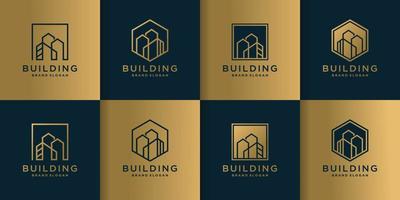 Set of golden building logo with modern line art style Premium Vector