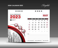 plantilla de mayo de 2023, vector de diseño de calendario 2023, diseño de planificador, semana comienza el domingo, plantilla de calendario de escritorio 2023, papelería. calendario de pared sobre fondo rojo, vector eps 10