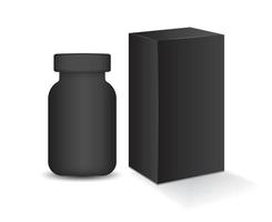 3d supplement bottle with white box mockup vector illustration. 3d plastic Pills box, White medical container. healthcare bottle template. Realistic 3d mock-up. product design. Cosmetic package.