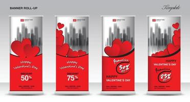 Roll up banner stand template design for valentine's day, Promotion Banner template, x-banner, pull up, holiday events, display, j-flag, Advertisement, Red heart background creative concept, vector.