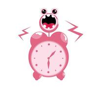 Vector illustration of alarm clock graphics. Cartoon character alarm clock with eyes and mouth wakes up sleeping person. Great for web logos as well as vector animation for kids.