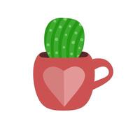 Vector graphics illustration of a cactus in a pink glass pot. cartoon cute prickly cactus plant with love image. In flat style. Perfect for stickers, home decor, children's book covers and web logos.