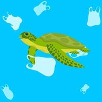 Pollution of plastic waste in the oceans, sea turtles swimming and trapped in plastic bags. Green turtles are endangered. Polluted sea background illustration.