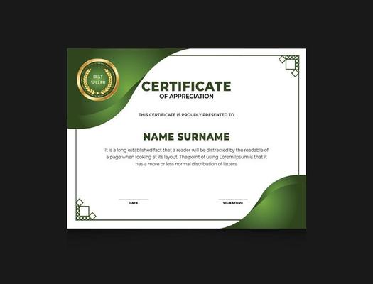 Green and gold certificate of appreciation template with gold badge and curvy shapes