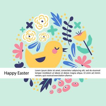 feliz plantilla de tarjeta de felicitación de pascua sobre fondo verde. pintado en un diseño de patrón de estilo popular. tarjeta cuadrada con pollo y flores de primavera. ilustración vectorial plana. vector