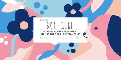 He or she. Horizontal banner with bunny on a geometric background with flowers. Gender invitation reveal template. Vector illustration