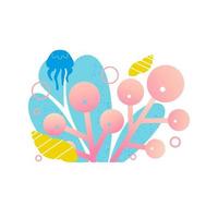 Background of marine elements with shells, algae, jellyfish. Scene of the natural underwater world. Vector flat drawing.