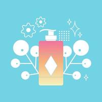 Cosmetic bottle on a blue background with leaves and geometric elements. Gradient on the appearance of the product skin care, hair. Flat style vector