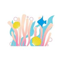 Background of marine elements with shells, algae, fish and coral. Scene of the natural underwater world. Vector flat design.