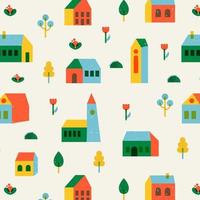 House and plant pattern. Small tiny townhouses of a Scandinavian minimalist city. Seamless vector background small city illustration. Vintage style drawing.