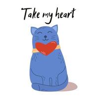 un gato con un corazón en el cuello. Felicitaciones para los amantes. gato suertudo. tarjeta vectorial, pancarta, volante, afiche vector