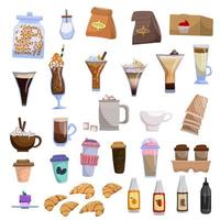 Different types of coffee. Coffee menu. An invigorating drink. Croissants and pastries. Coffee tonic. Coffee to go. Takeaway. Set of vector illustrations.