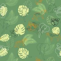 Seamless tropical pattern. Monster, tiger, tiger face, elephant in one line. Vector outline