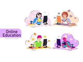 Set of students learning online vector