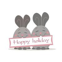 Two cute bunny holding a greeting card vector