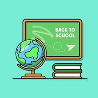 globe, books and blackboard objects in the classroom cartoon illustration vector