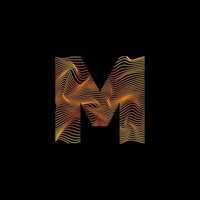M letter wavy line. M letter with motion wave. Alphabet logo with colorful twisted lines. Creative vector illustration with zebra, sea, print and wavy pattern lines.