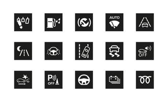 Set of 15 car related warning icons. Silhouette and linear original logo. Simple outline style sign symbol. Vector illustration isolated on white background. EPS 10.