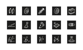 Set of 15 auto parts related repair icons. Car parts set like brake, belt battery, gear, repair, suspension. Silhouette and linear original logo. Simple outline style sign icon. vector