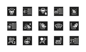 Set of 15 car interior tech icons. Car signs such as automatic steering, road tracking, seat-steering-window heating, headlight adjustment. Silhouette and linear original logo. Simple outline sign. vector