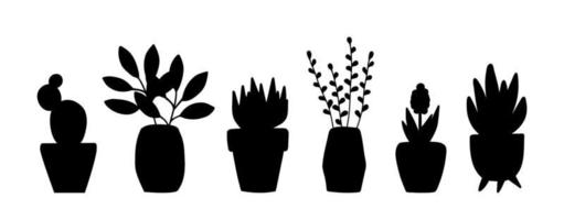 Potted flowers hand drawn silhouette. Black plants in pots and vases. Isolated vector illustration
