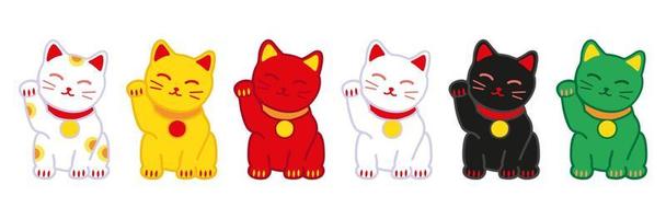conjunto maneki-neko. gato japonés símbolo de buena suerte, fortuna y prosperidad. Ilustración de vector de estilo de dibujo