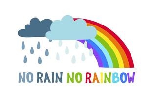 No Rain No Rainbow Quote Lettering with clouds and raindrops. Hand drawn vector Inscription illustration. Designed for t-shirt, eco bag, poster, home design, decoration