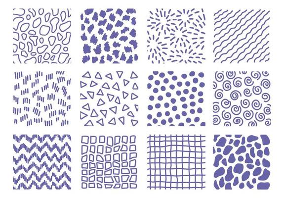 Set of hand drawn doodle sketch texture elements. Trendy colors tileable textures, very peri color of 2022