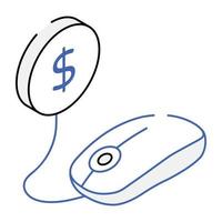 Coin with mouse icon in outline isometric style vector