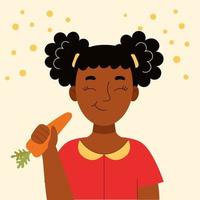 linda niña africana sonriente comiendo zanahoria. merienda escolar, comida saludable, dieta vegetal, vitaminas para niños. ilustración de stock de dibujos animados de vector plano