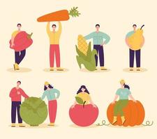 A set of people with large vegetables and fruits.Harvesting concept,vegetarianism,healthy food,farm products,vitamins.Fair with village products.Flat cartoon illustration isolated on light background vector