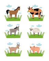 Farm animals on meadow on white background. Collection of cartoon cute baby animals on green grass.Cow, sheep, goat, horse, donkey, pig. Flat vector illustration isolated.