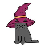 lindo gato gris con un sombrero de bruja. disfraz de Halloween. ilustración de estilo garabato vector