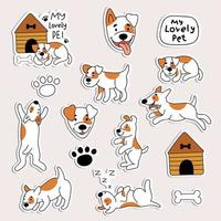 un conjunto de pegatinas con lindos perros. mascotas, animales, cachorro. ilustración de estilo garabato vector