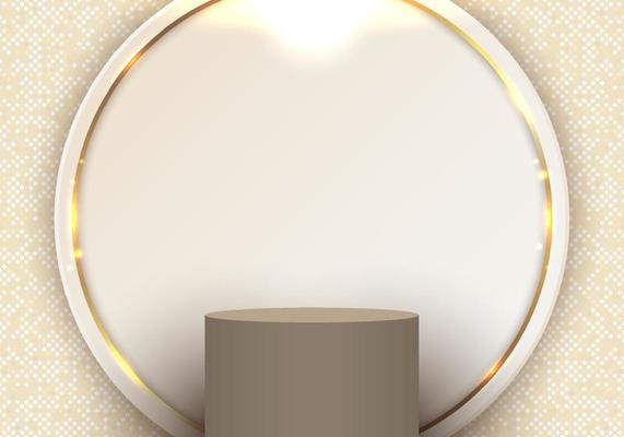 Abstract template elegant 3D brown cylinder podium golden circles backdrop with glow lighting effect on white background