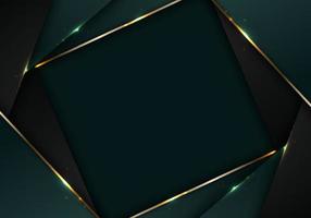 banner web elegante 3d formas abstractas de rayas verdes y negras con iluminación de líneas diagonales doradas brillantes sobre fondo oscuro vector