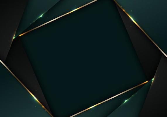 Banner web elegant 3D abstract green and black stripes shapes with lighting shiny golden diagonal lines on dark background