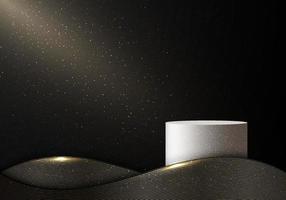 Abstract elegant 3D white cylinder podium with black and gold wave lines and gold dust glitter on dark background vector