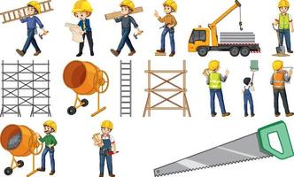 Set of construction site objects and workers vector