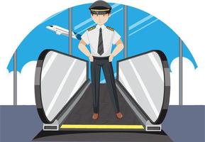 Pilot on moving walkway at airport vector